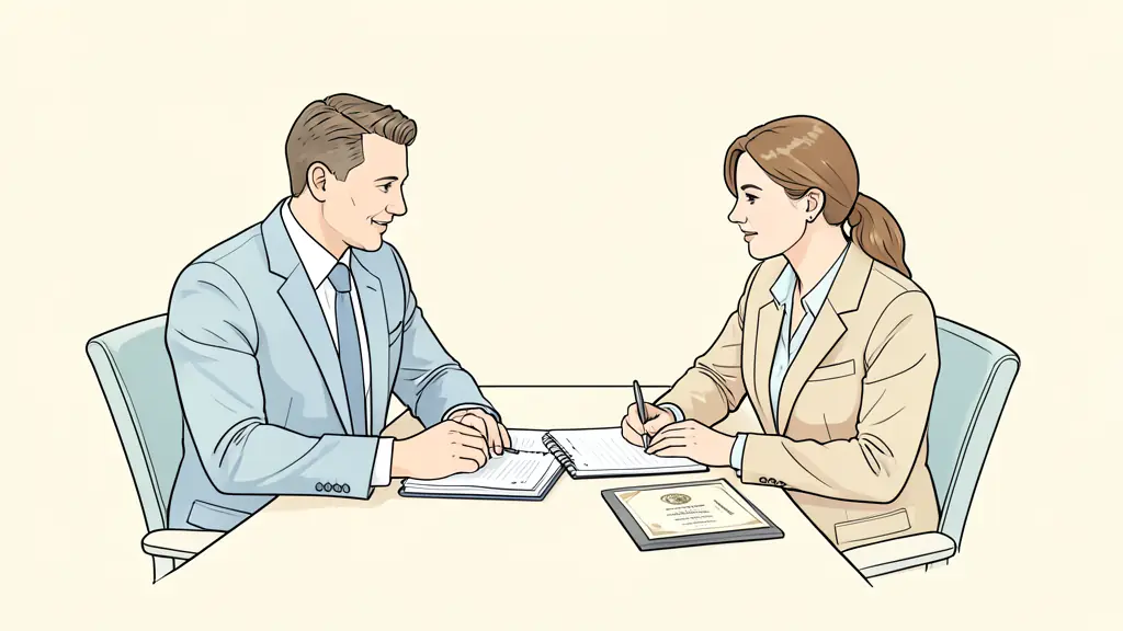 A professional business meeting in a bright office, a coach and a client discussing over a notebook with a certification diploma visible on the desk, editorial style, high quality