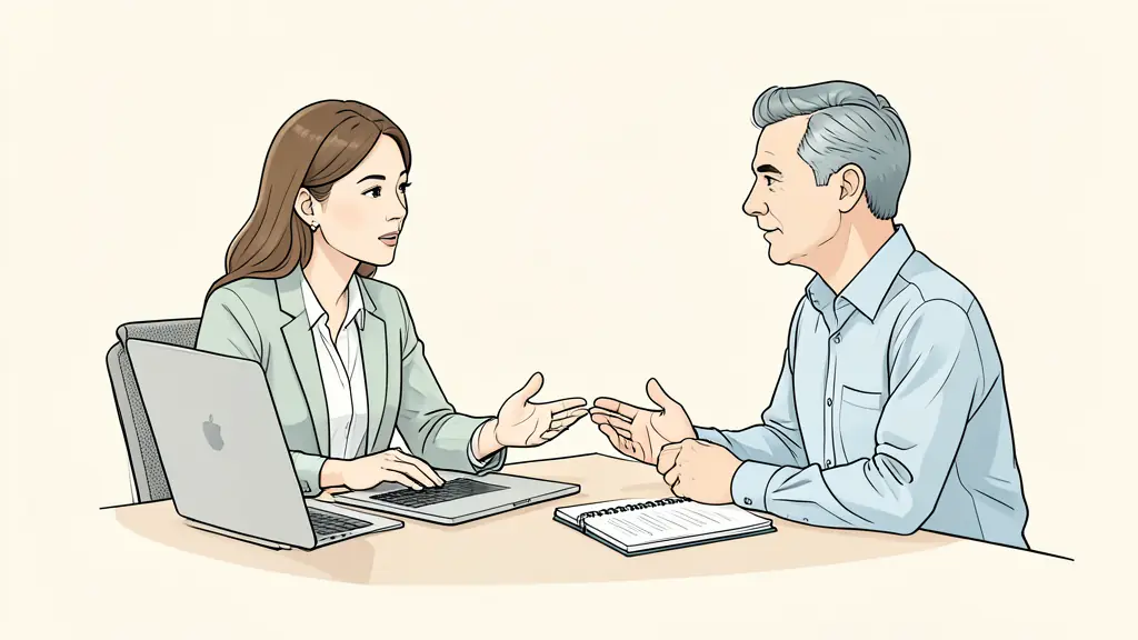 A professional woman in a modern office, discussing a strategic plan with a mentor, focused atmosphere, a laptop and a notebook on the table, soft natural light