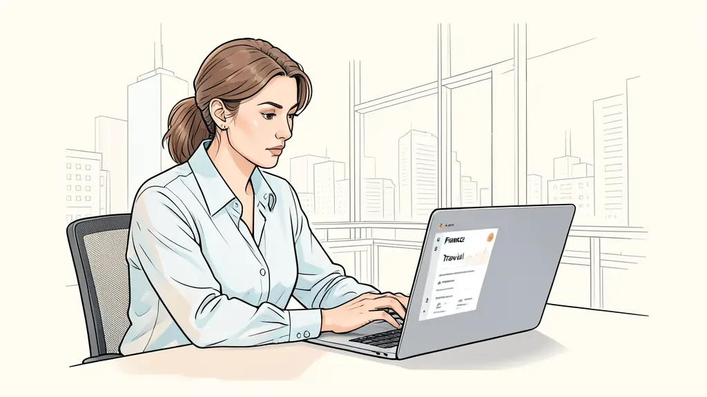 A focused professional woman in her late 30s, sitting at a modern desk with a laptop, looking at a France Travail digital interface, urban office background, professional and determined expression