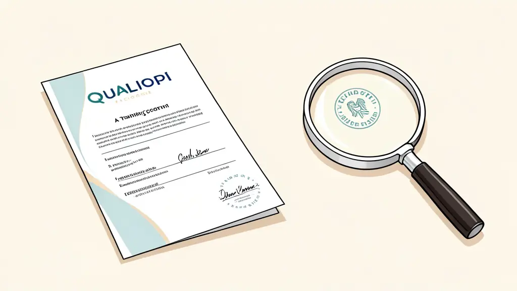 A professional desk with a Qualiopi certification document, a signed training contract, and a magnifying glass focusing on the certification seal