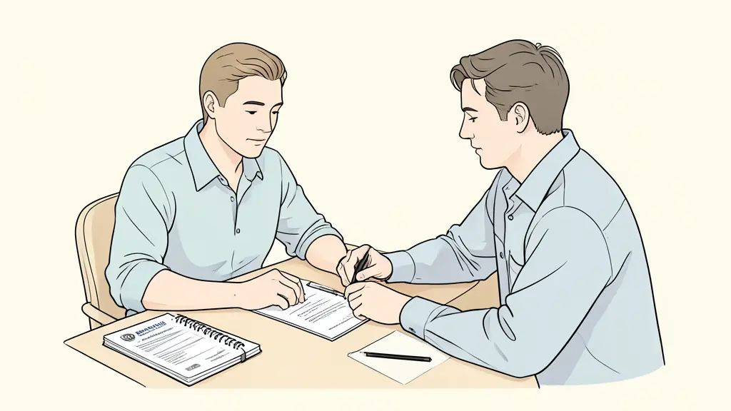 Professional coach and client reviewing a written coaching contract at a desk, certification document and notebook visible, natural office light