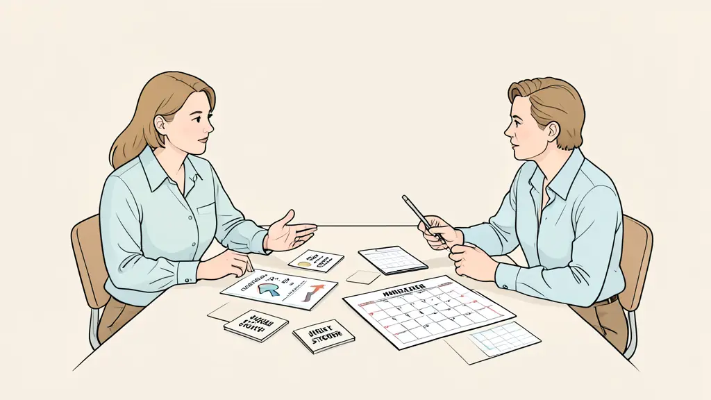 Career coaching session with an action plan, milestone cards and calendar on a table, two professionals discussing next steps