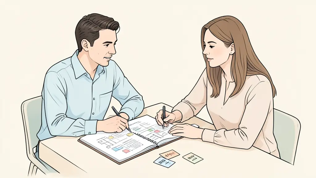 career coach and client reviewing an action plan across a table, open notebook and milestone cards visible, candid editorial photography, no text or logo