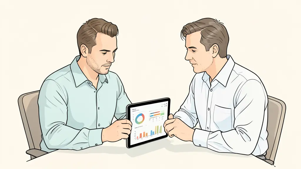 A professional coach and a manager sitting in a bright modern office, analyzing a detailed data report with colorful charts on a tablet, focus on a supportive and collaborative atmosphere
