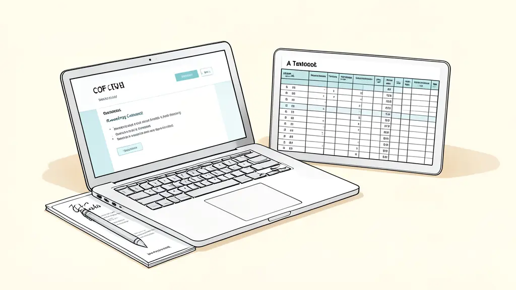 A professional desk with a signed training contract, a laptop showing a CPF account balance, and a structured budget spreadsheet, editorial style, high quality