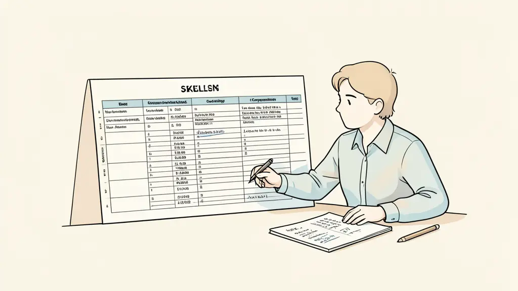 Professional reviewing a three-column skills matrix at a desk, job listings and competency notes visible, editorial photography, no text, no logo