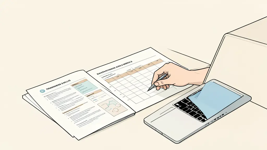 Professional reviewing a transferable skills matrix at a desk, printed project notes and a laptop visible, natural editorial photography, no text, no logo