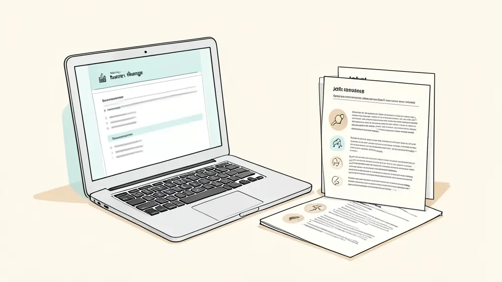 Professional reviewing a career-change resume on a laptop, job description beside it, highlighted achievements on printed pages, no readable text or logos