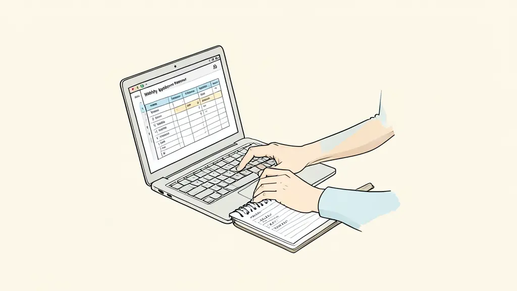 Professional conducting a weekly application review, spreadsheet open on a laptop, notebook listing follow-ups, no readable text or logos