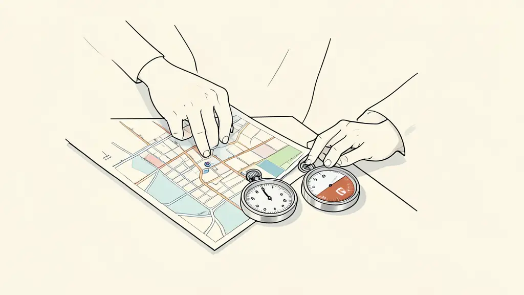 Editorial photograph of a professional comparing a transit map, a stopwatch and three color-coded commute zones on a desk, no text, no logo
