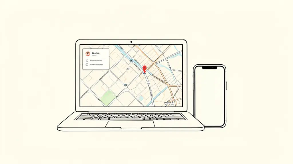Editorial photograph of a laptop displaying an unbranded job map beside a local transit map and a phone with location alerts, no readable text, no logo