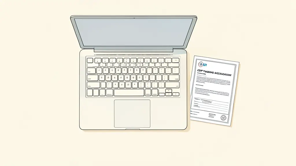 A professional desk with a laptop, a printed certification reference document, and a CPF funding application form, editorial style, top view