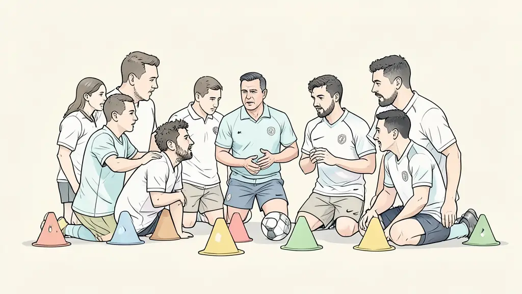 Calm football coach speaking closely with experienced players during training, tactical cones on the pitch, focused team discussion